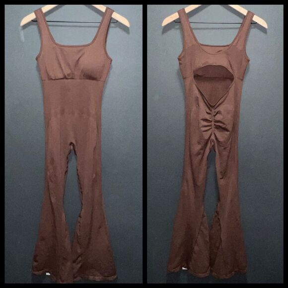 Women Sleeveless Flare Jumpsuits Backless Romper V Back Medium Brown - Picture 1 of 10